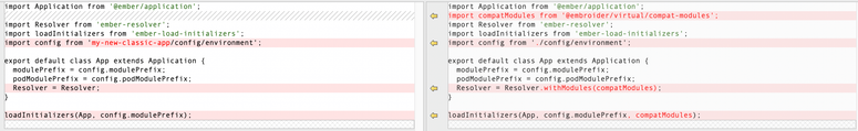 On the left is the content of app/app.js in the classic 6.2 app. On the right is the content of app/app.js in the Vite app